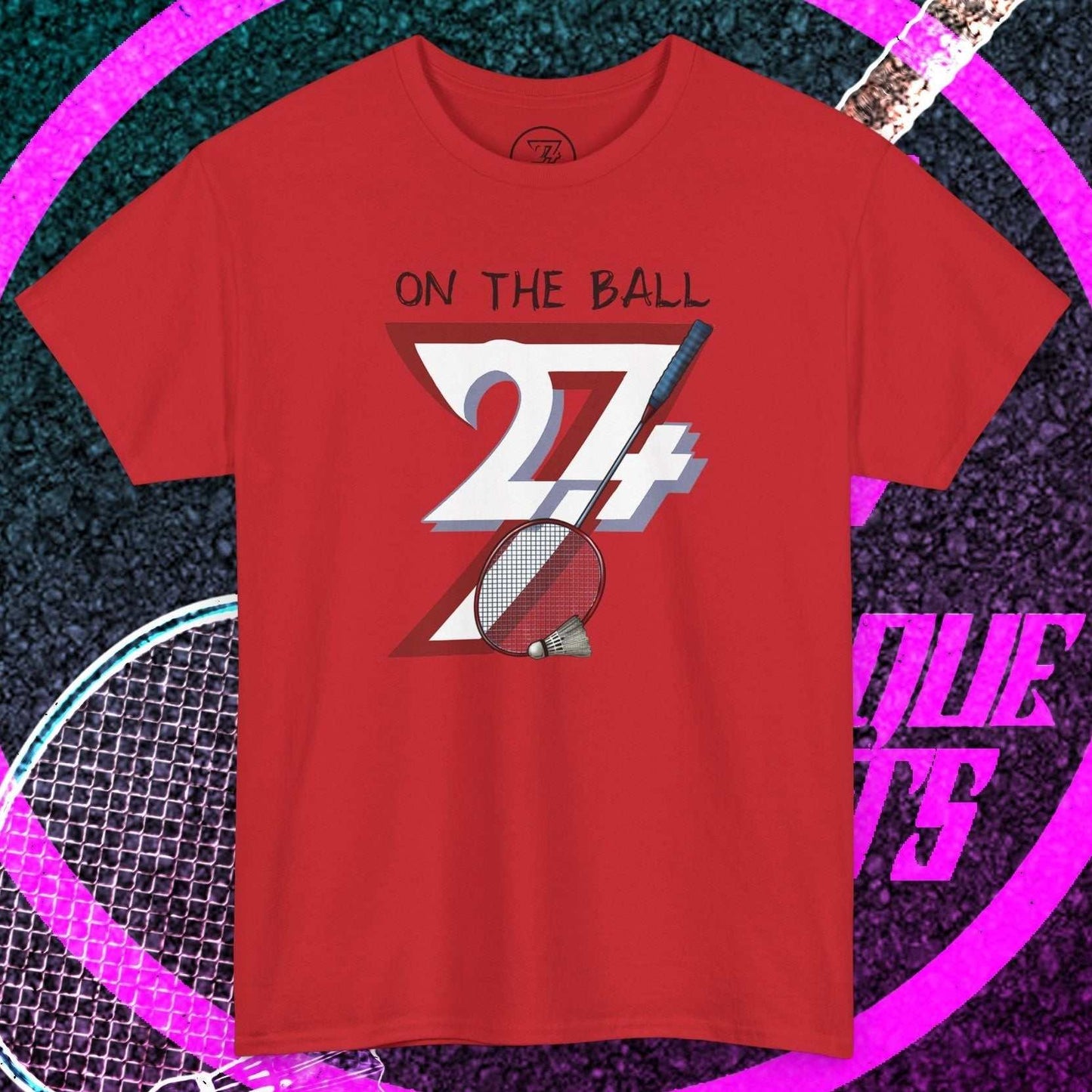 Red badminton tee with hand-drawn "On The Ball" racket and shuttlecock graphic, breathable cotton sport shirt