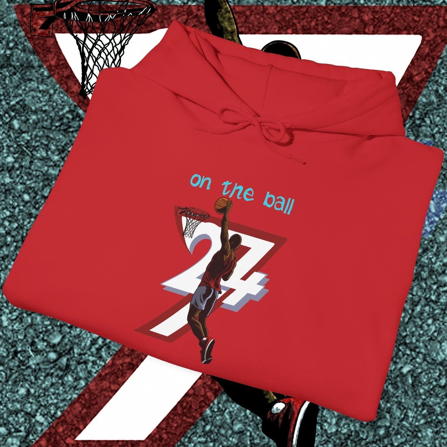 Red basketball hoodie with unique hand-drawn design of a player dunking, featuring "on the ball 24/7" text, ideal for training and streetwear.