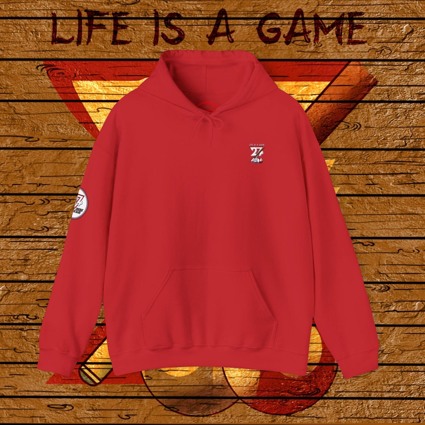 Red billiard hoodie with small logo on chest and sleeve, cozy and stylish for pool enthusiasts, adjustable hood and kangaroo pocket
