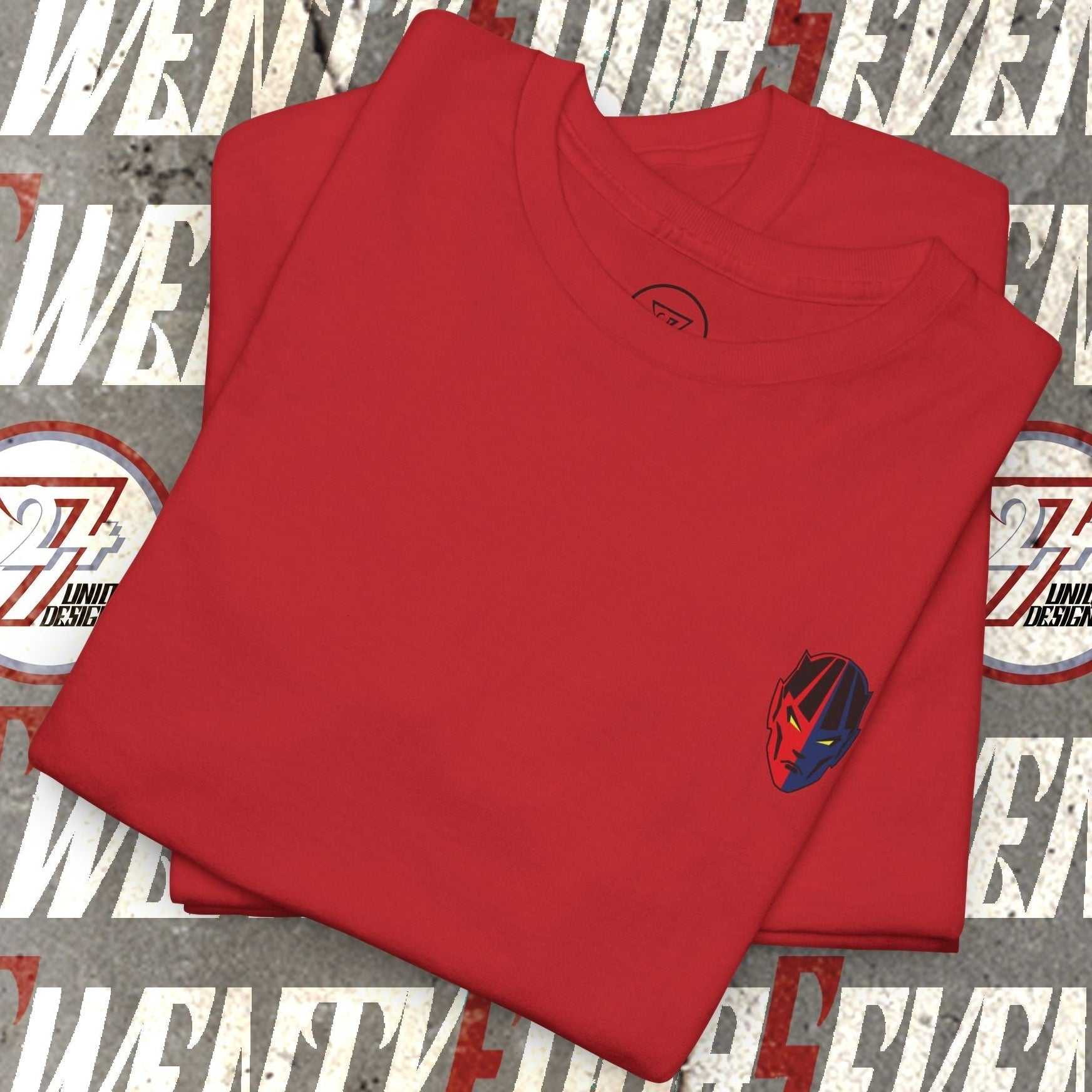 Red bodybuilding tee with small stylized face graphic on chest, folded on printed background