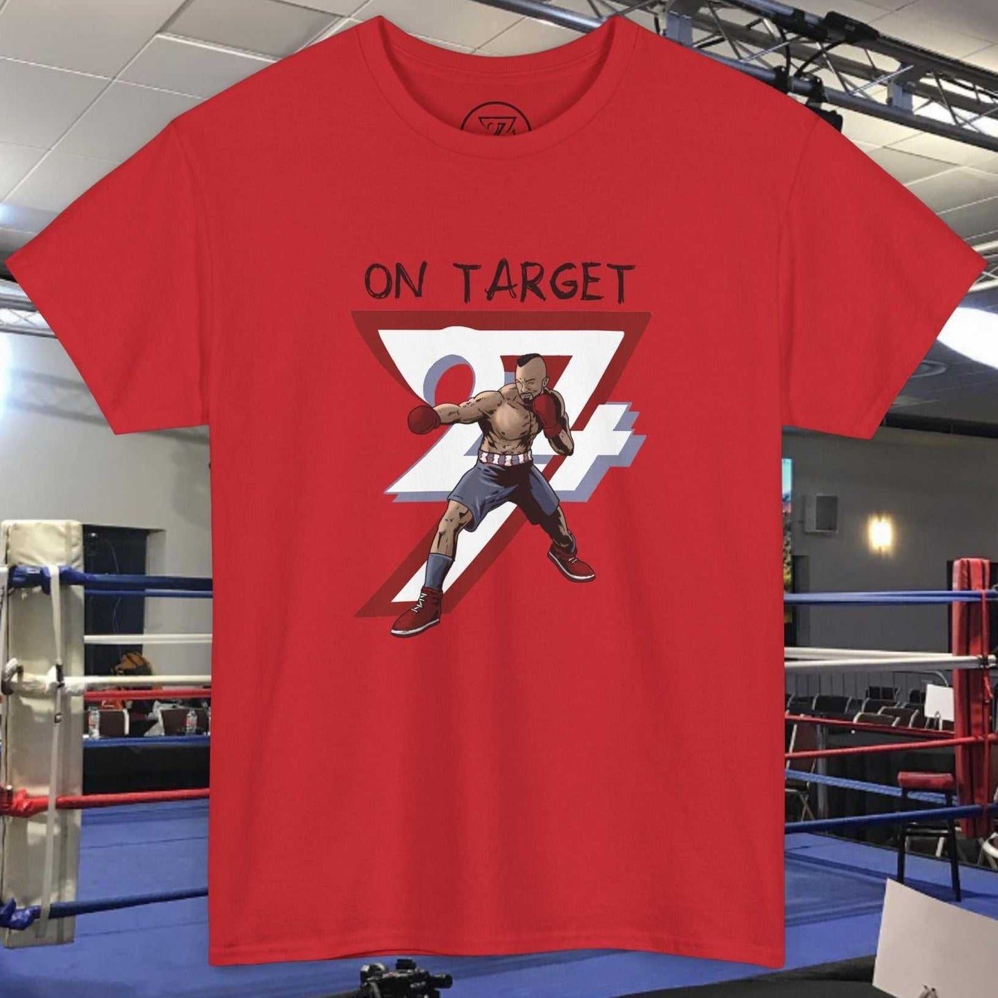 Red boxing graphic shirt with hand-drawn boxer illustration and "On Target" text on front