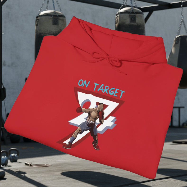 Red boxing hoodie with unique hand-drawn boxer design and "On Target" text, perfect for sports training and outdoor fitness