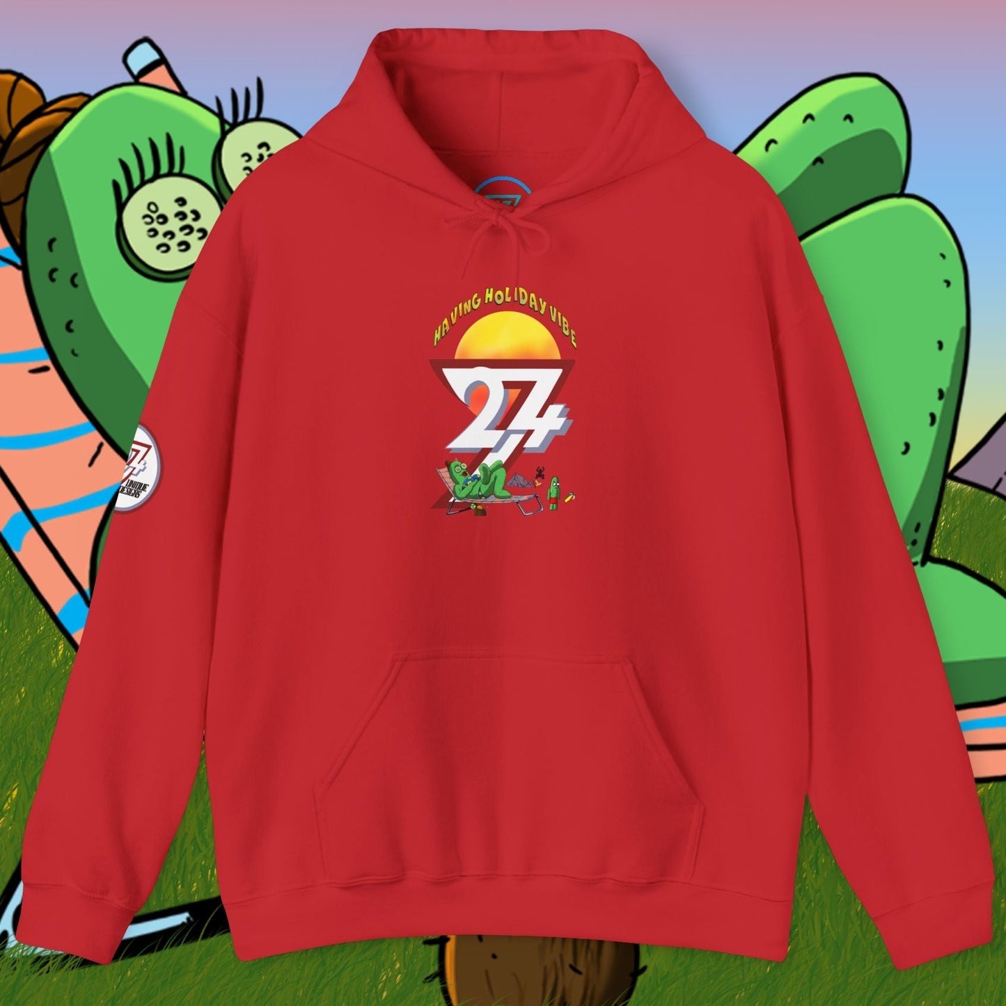 Red cactus hoodie with cartoon character and camping design, unisex hooded sweatshirt for outdoor fun