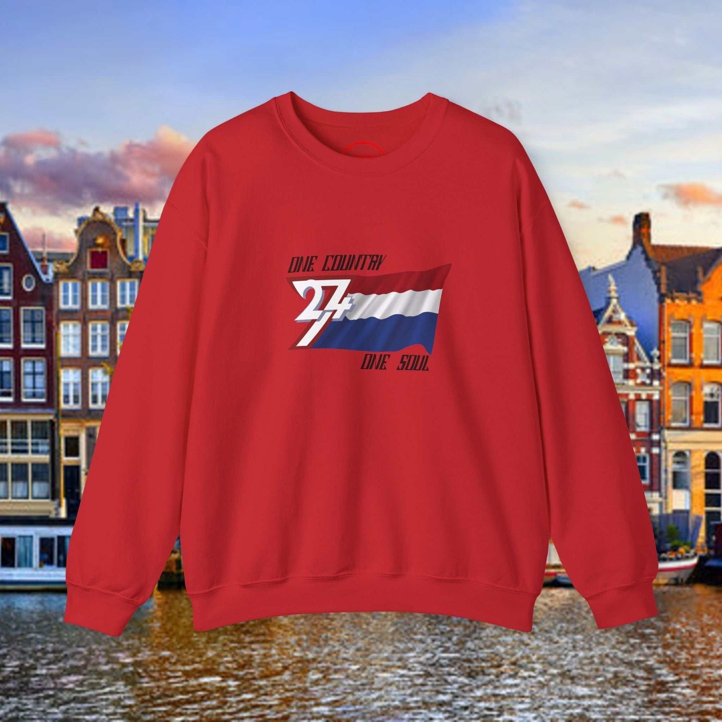 Red crewneck sweatshirt with hand-drawn Netherlands flag and "One Country One Soul" text design