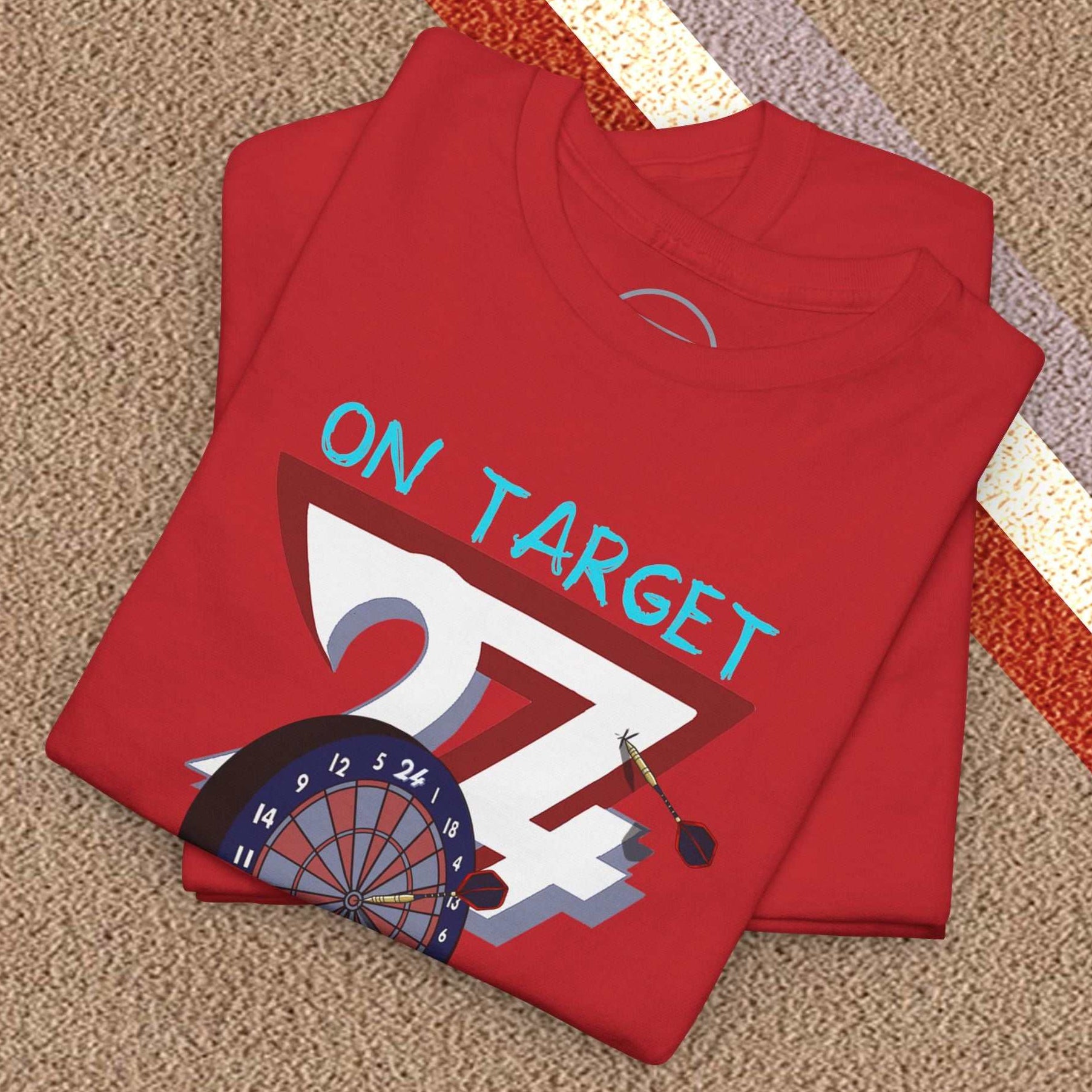 Red darts t-shirt with hand-drawn dartboard and "ON TARGET" text, soft cotton crew neck design by 24/7 Unique Designs