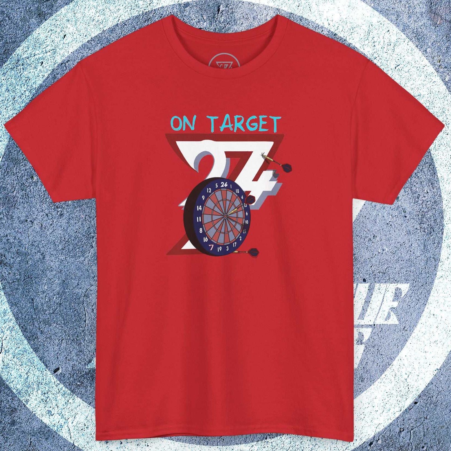 Red darts t-shirt with hand-drawn dartboard and "On Target" text, casual crew neck design.