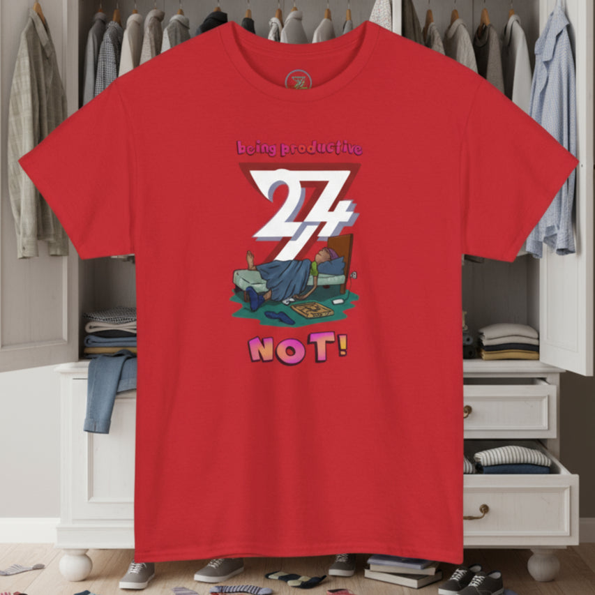 Red funny tee for teenagers with vibrant lazy design and "24/7 being productive NOT!" text, classic fit, comfortable medium fabric.