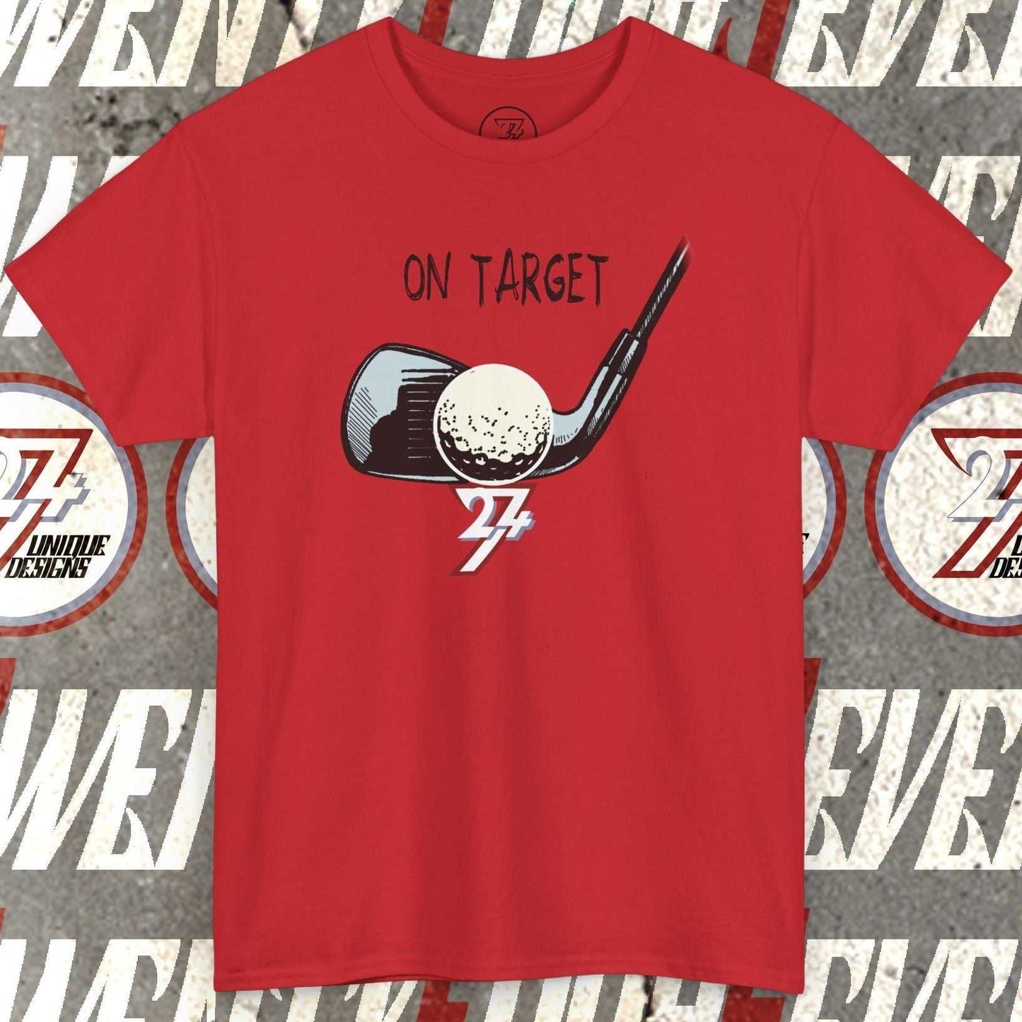 Red golf graphic t-shirt with hand-drawn golf club and ball illustration and "On Target" text design