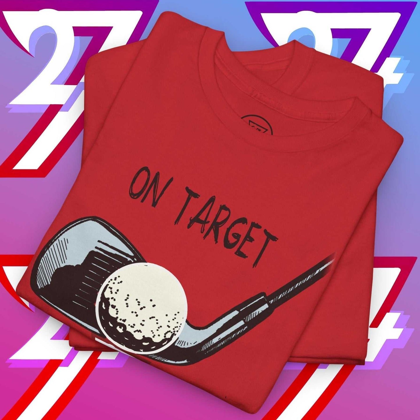 Red golf graphic t-shirt with hand-drawn golf club and ball illustration and "On Target" text for golfers gift