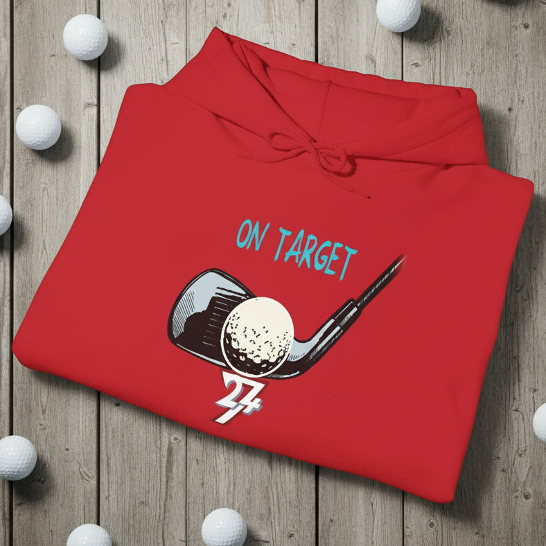 Red golf hoodie with hand-drawn golf club and ball design and "On Target" text