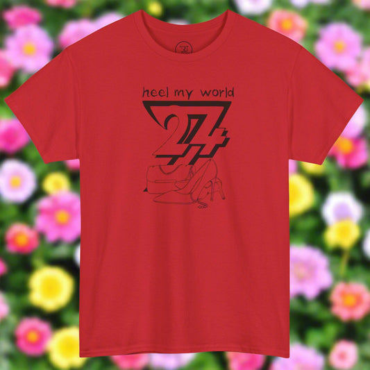 Red graphic tee with black outline high heel shoe and handbag illustration and "heel my world" quote design