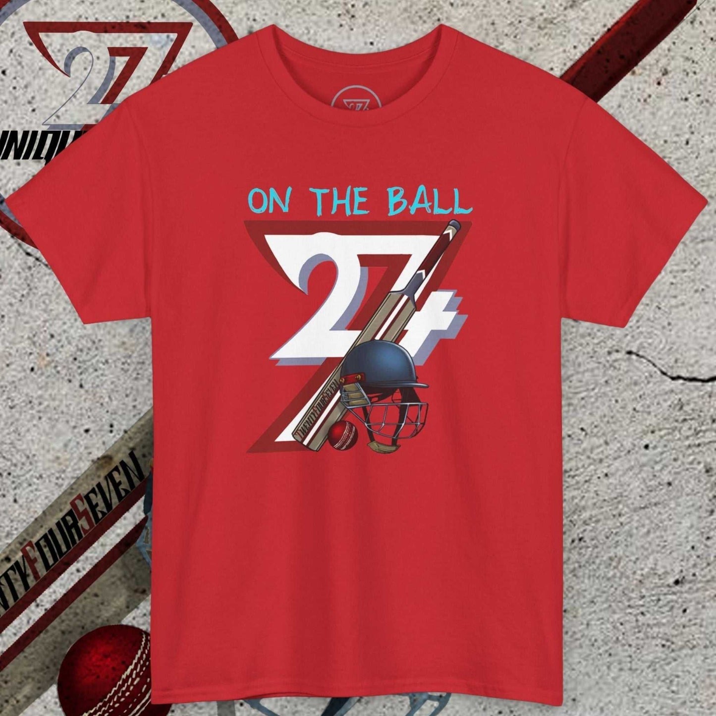 Red hand-drawn cricket tee with vintage 90s sports illustration and "On The Ball 24/7" text design