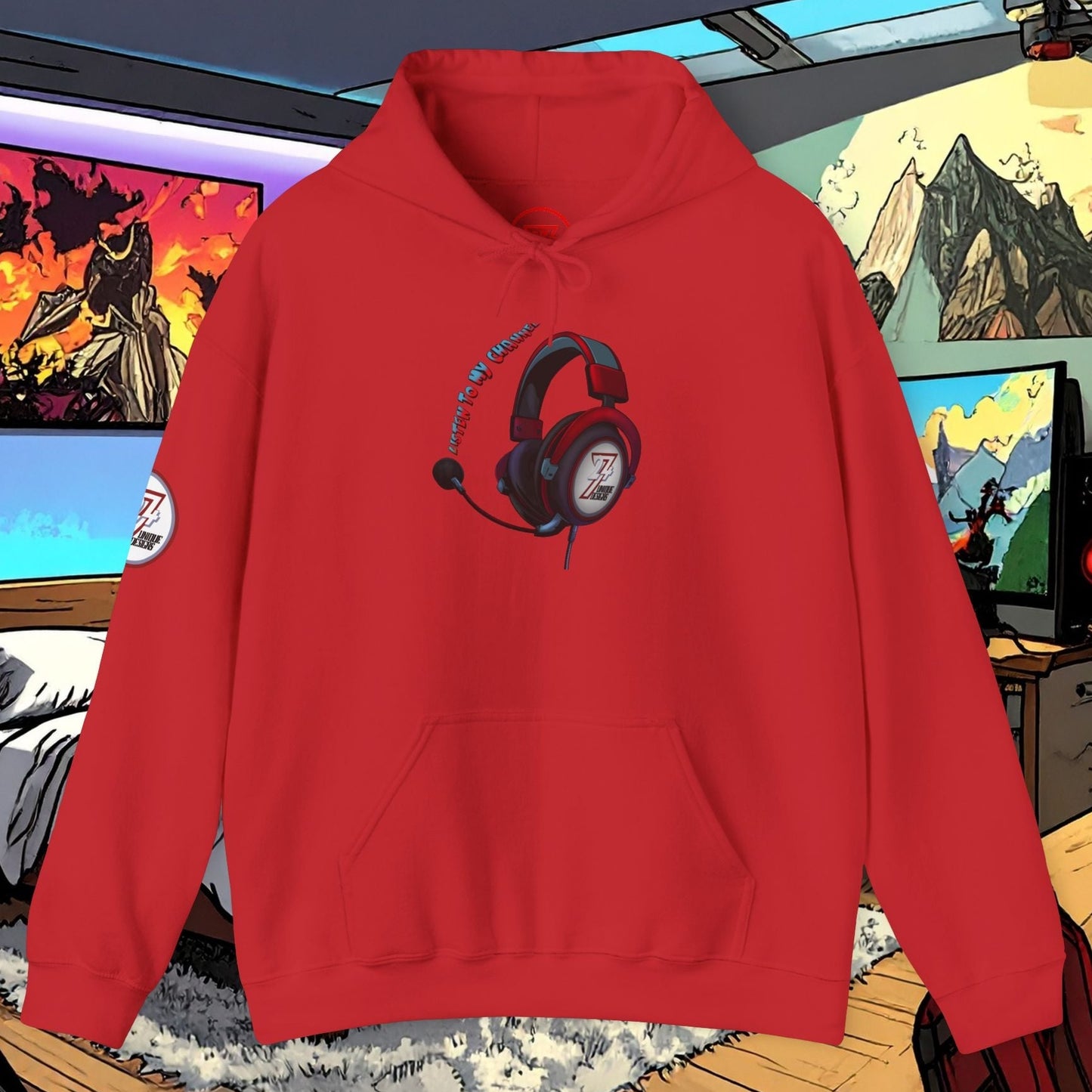 Red headset hoodie with headphone graphic and kangaroo pocket in gaming room background