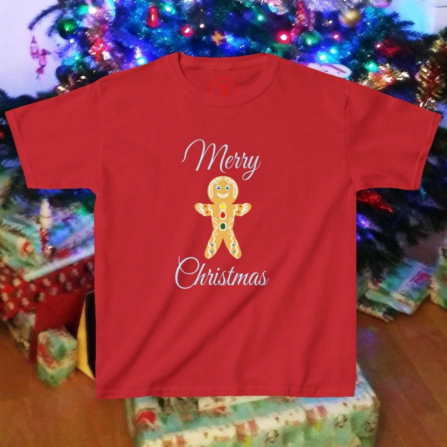 Red kids Christmas t-shirt with hand-drawn gingerbread man and "Merry Christmas" text, festive holiday tee