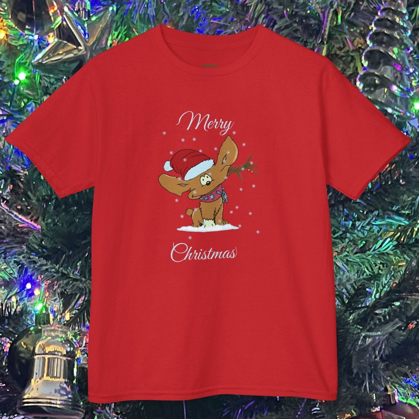 Red kids Christmas tee with cute puppy wearing Santa hat and Christmas lights design