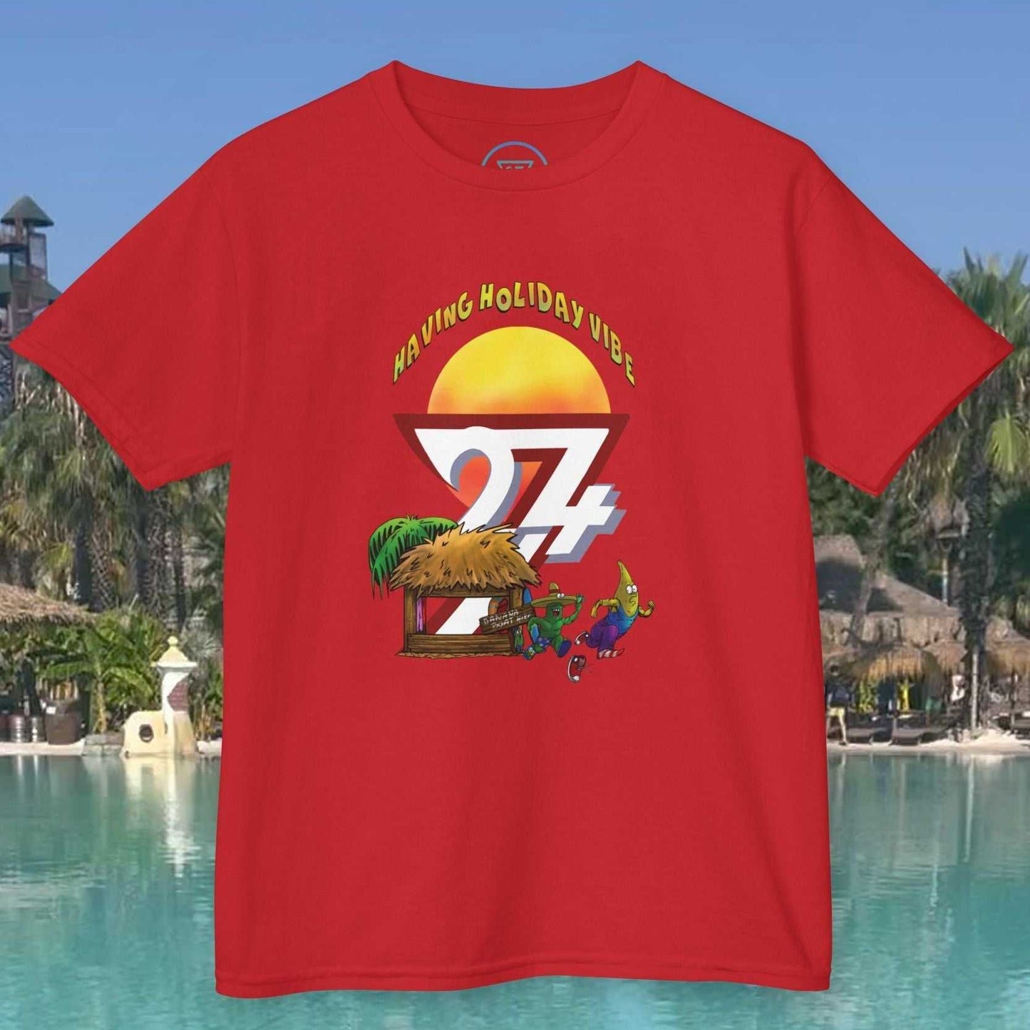 Red kids banana t-shirt with cartoon holiday beach design for boys and girls summer wear