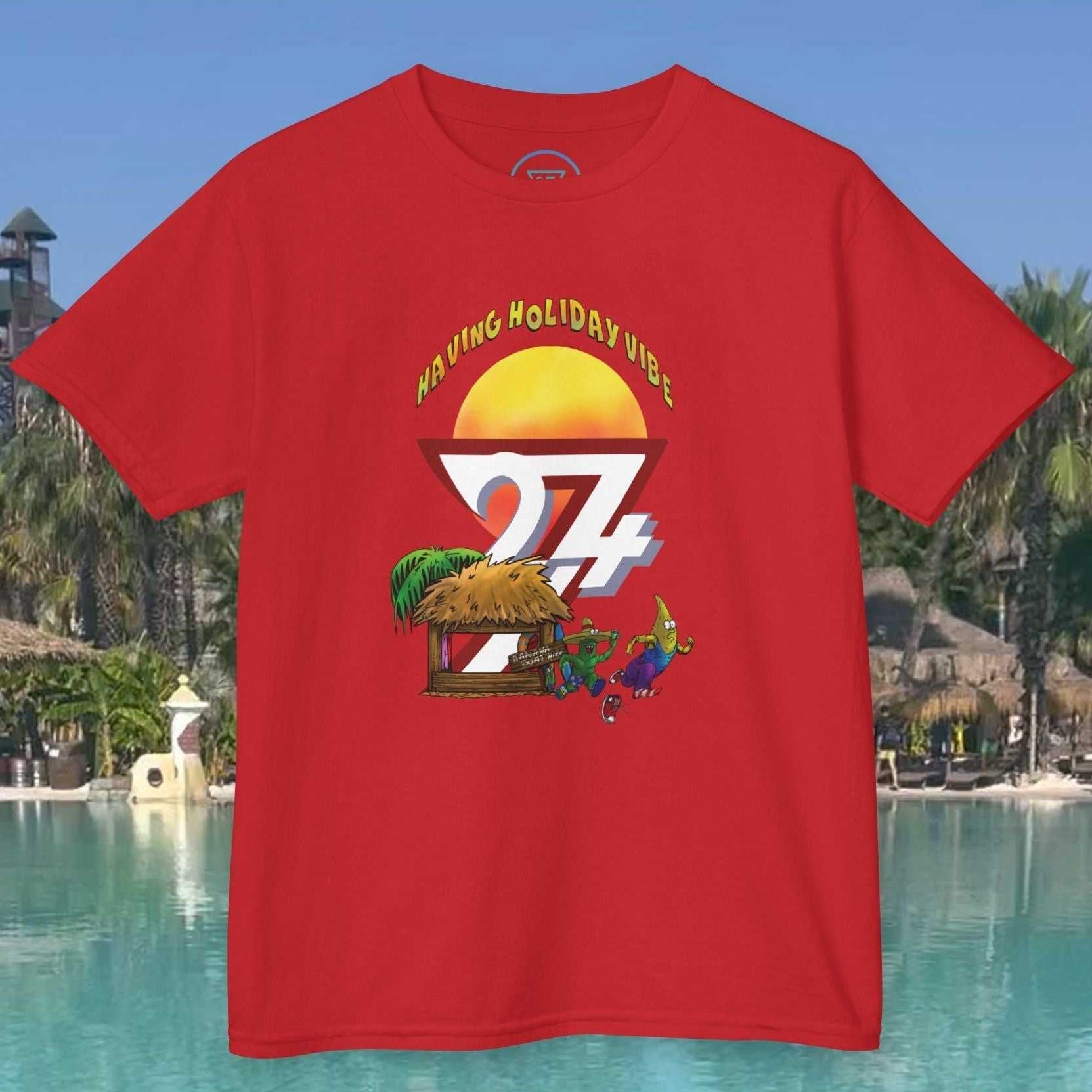 Red kids banana t-shirt with cartoon holiday beach design for boys and girls summer wear