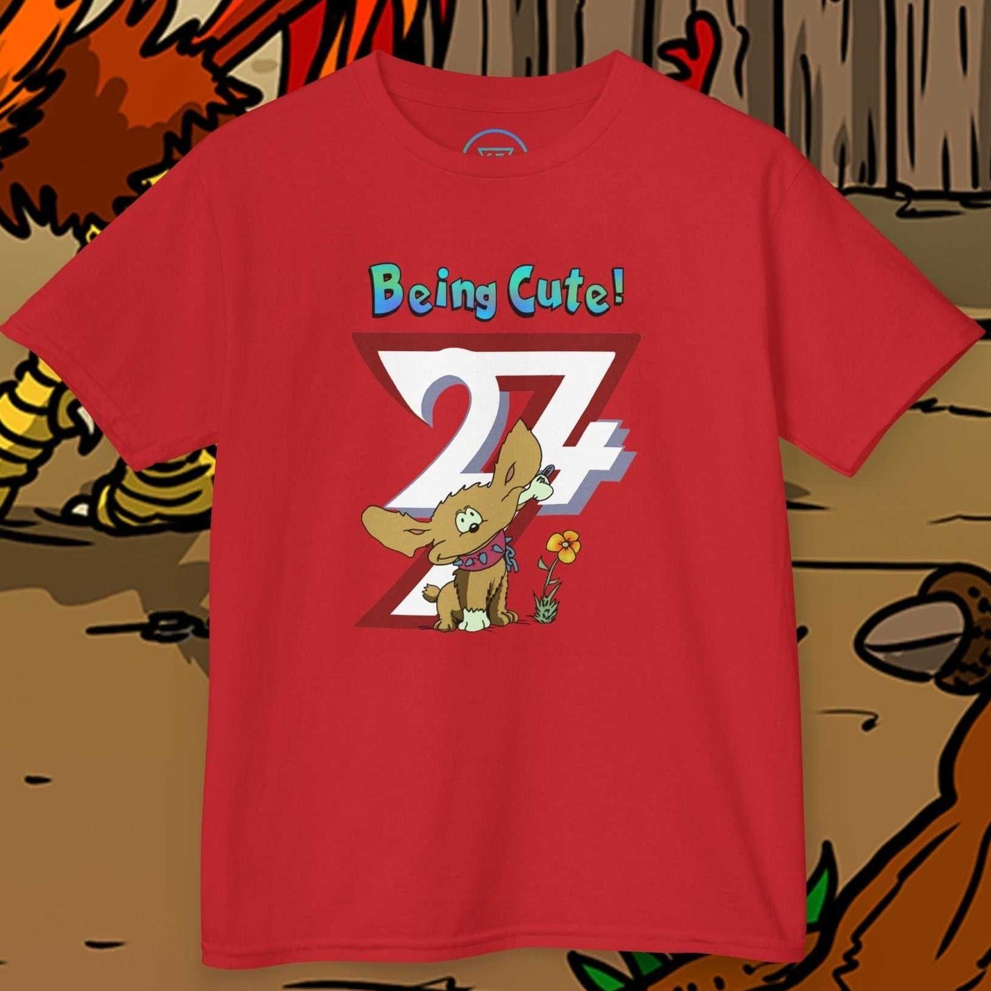 Red puppy kids t-shirt with hand-drawn cartoon dog and "Being Cute!" text design