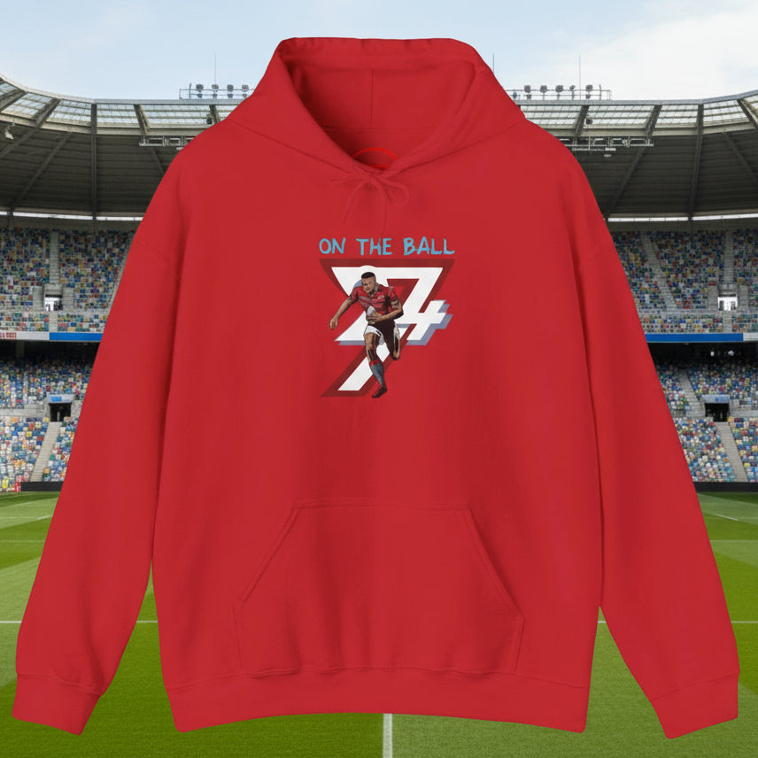 Red rugby hoodie with vibrant hand-drawn player graphic and kangaroo pocket