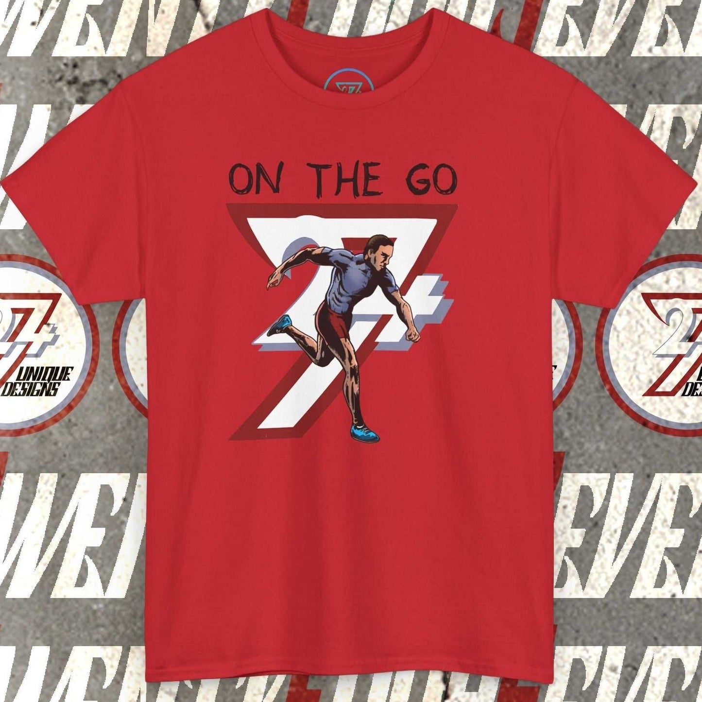 Red running sports tee with hand-drawn runner illustration and "ON THE GO" text, lightweight cotton fabric.