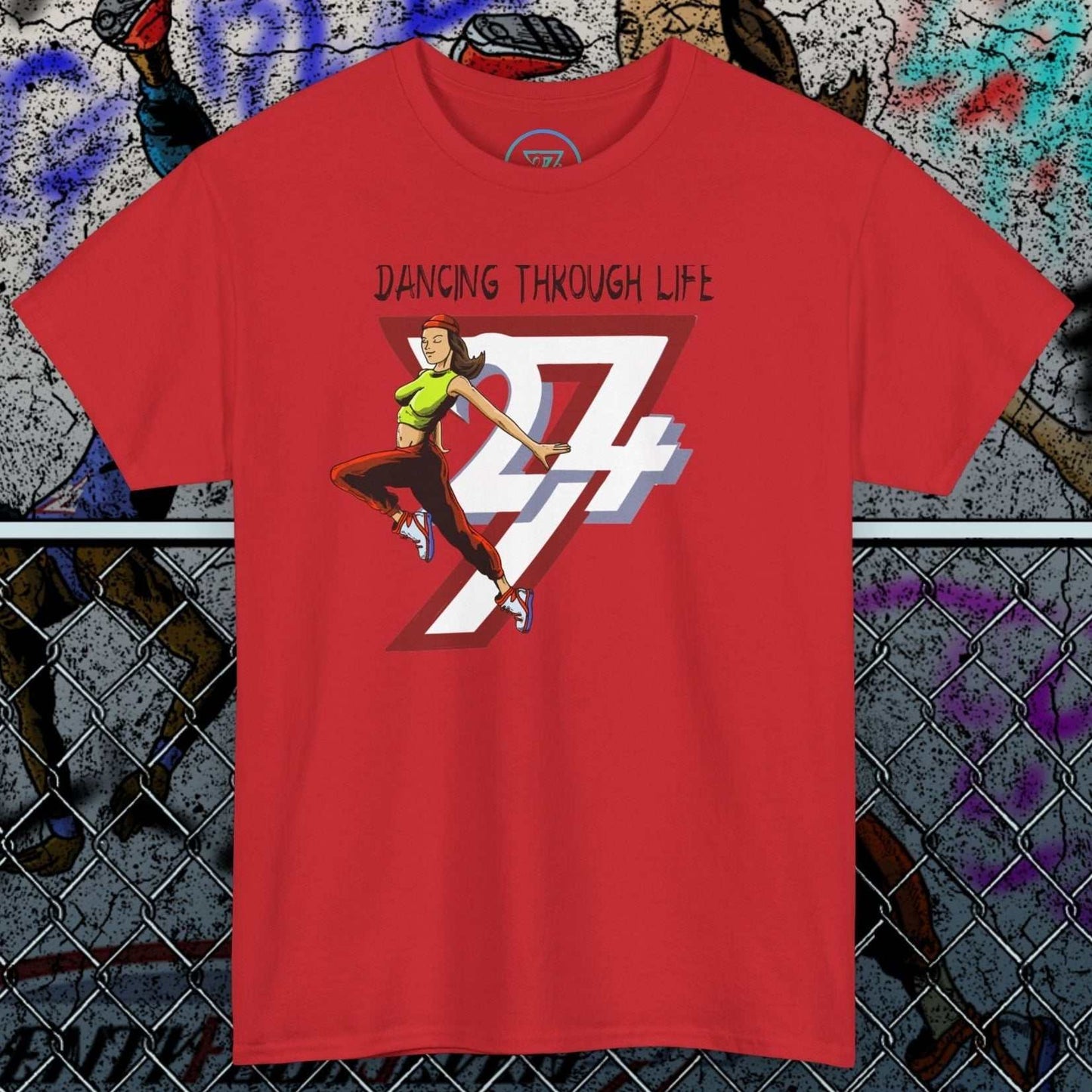 Red street dance graphic tee with urban hand-drawn dancer illustration and "Dancing Through Life" text