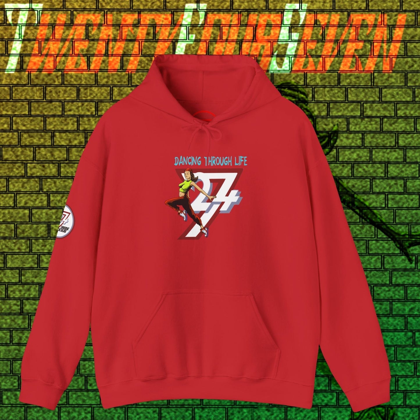Red street dance hoodie for women with hand-drawn illustration and kangaroo pocket, comfortable urban streetwear