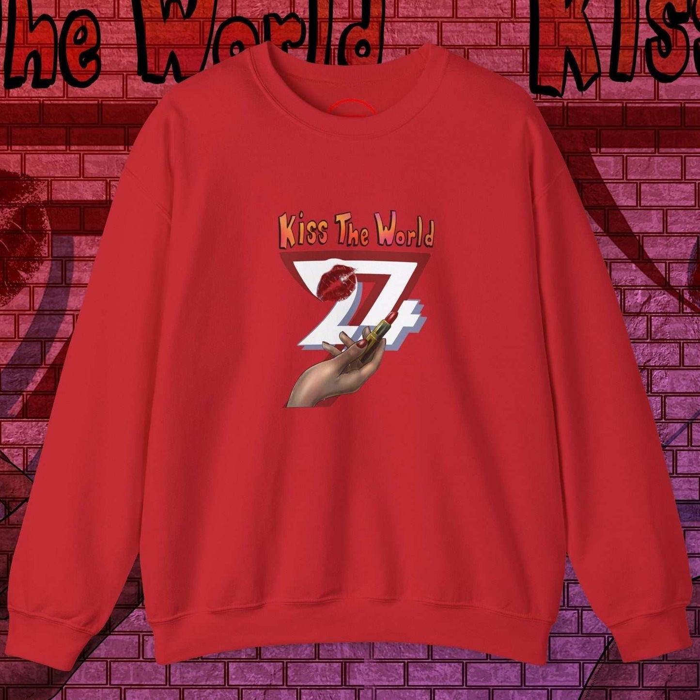 Red sweatshirt with lipstick design and hand illustration, bold and artistic women's fashion top by 24/7 Unique Designs