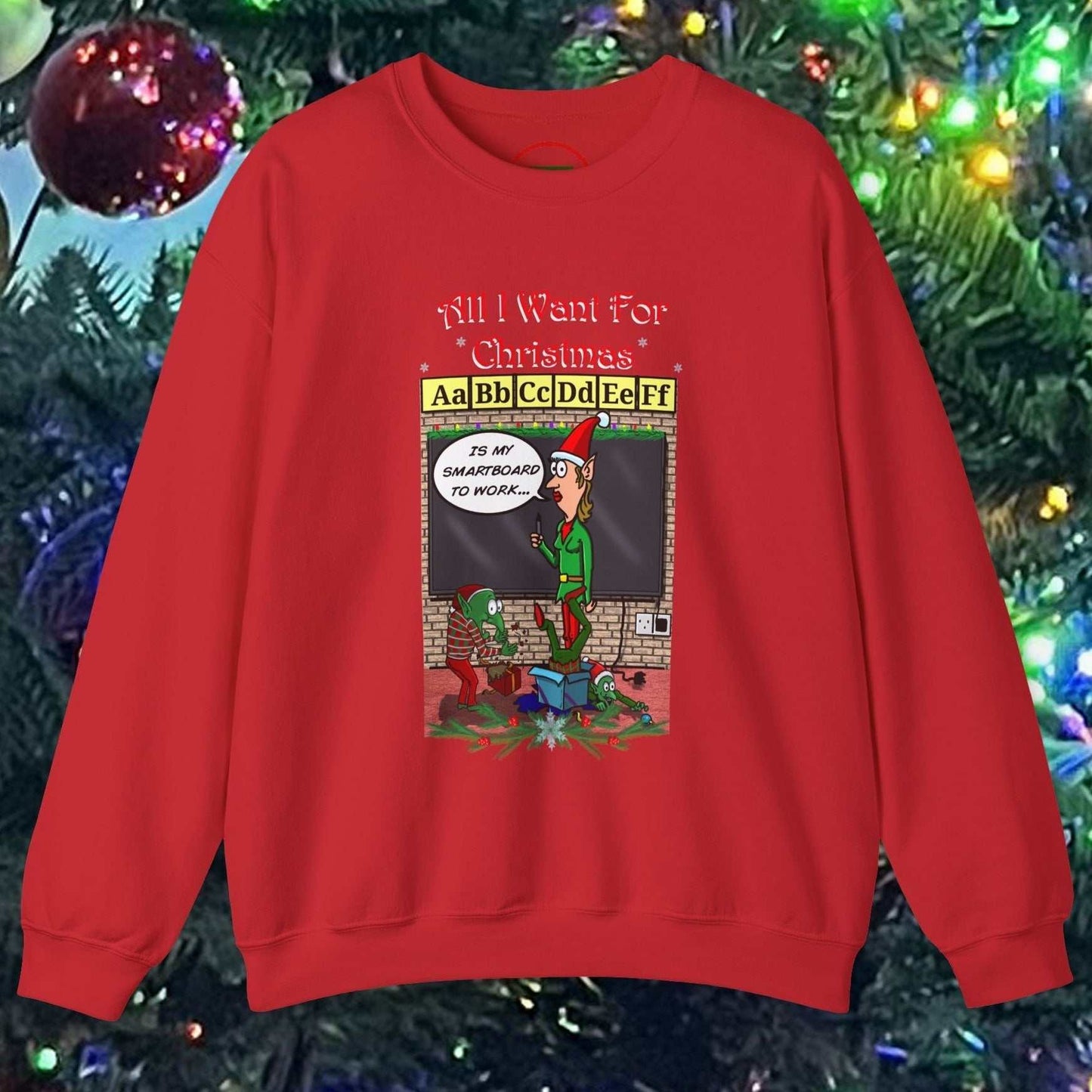 Red teacher Christmas sweatshirt with funny cartoon comics design and festive classroom illustration
