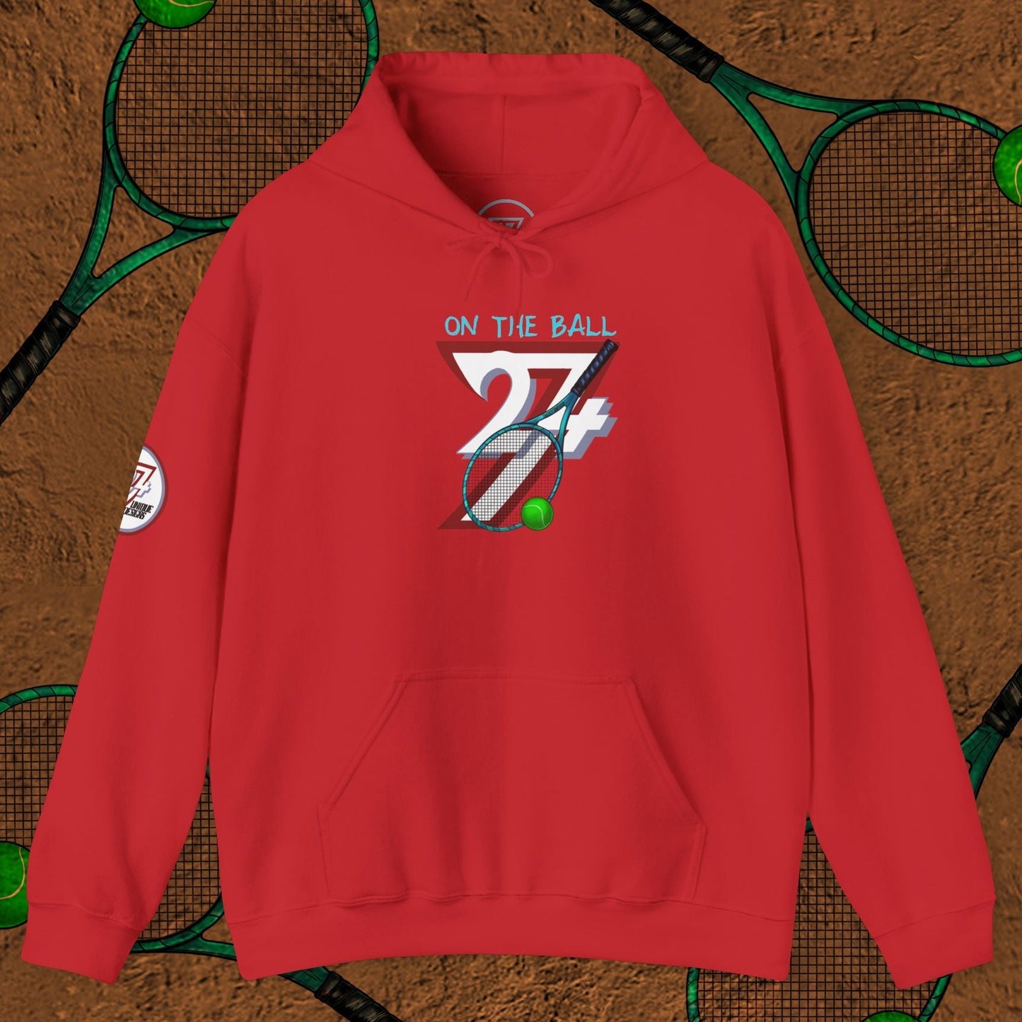 Red tennis hoodie with "ON THE BALL 24/7" design and tennis racket graphics background