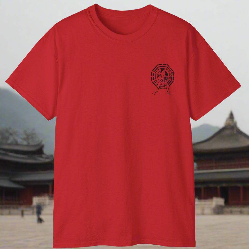 Red unisex Thai Chi tee with black martial arts symbol on chest, made from eco-friendly cotton, classic fit and crew neckline.