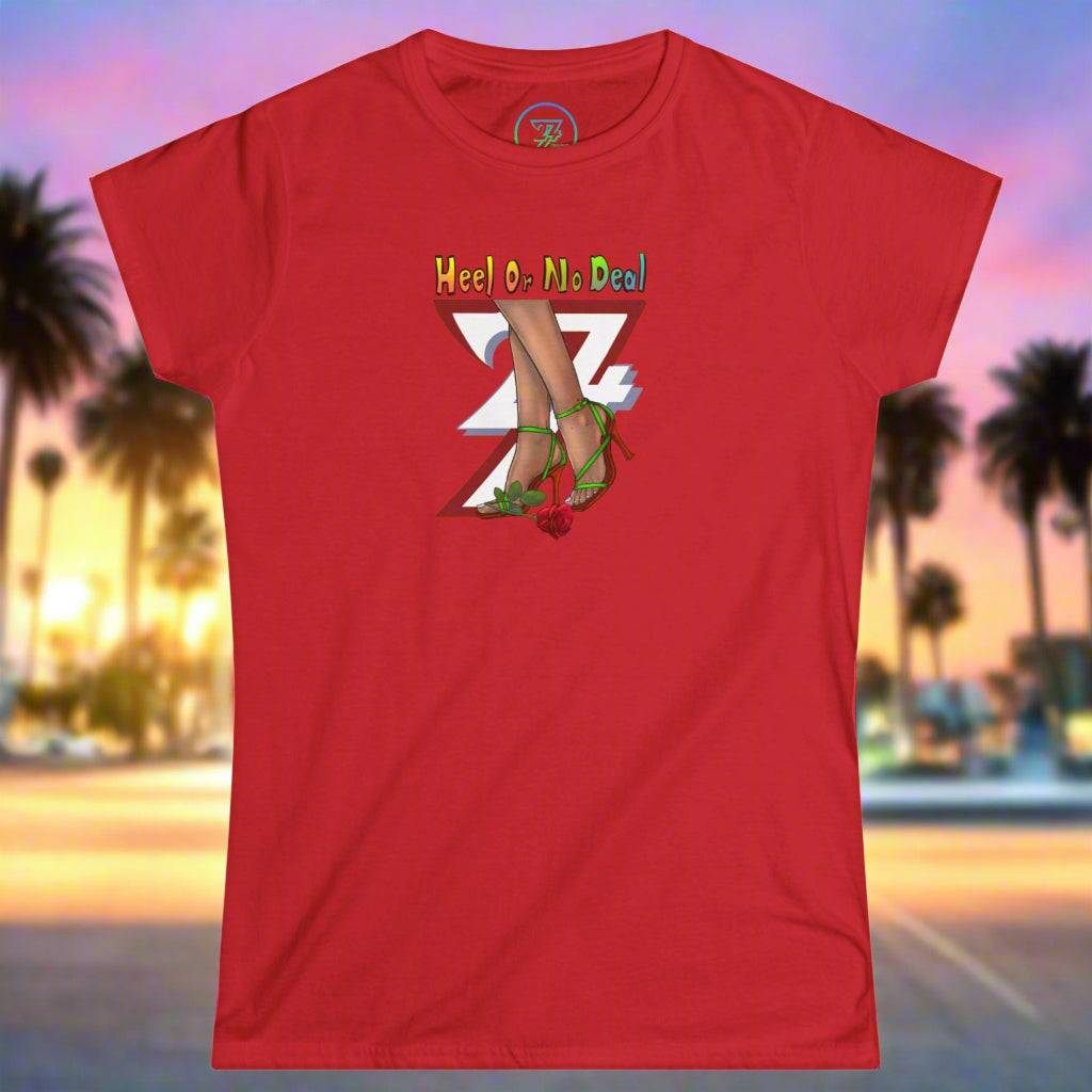 Red women's graphic tee with "Heel or No Deal" quote, roses, and high heels illustration
