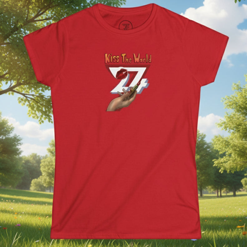 Red women unique tee with creative lipstick holding hand design and "Kiss The World" text