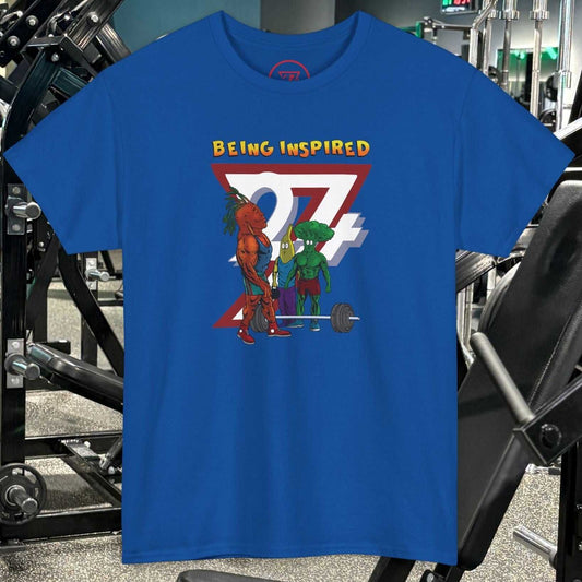 Royal blue Funny Carrot Gym Tee with cartoon carrot, banana, and broccoli lifting weights in gym setting