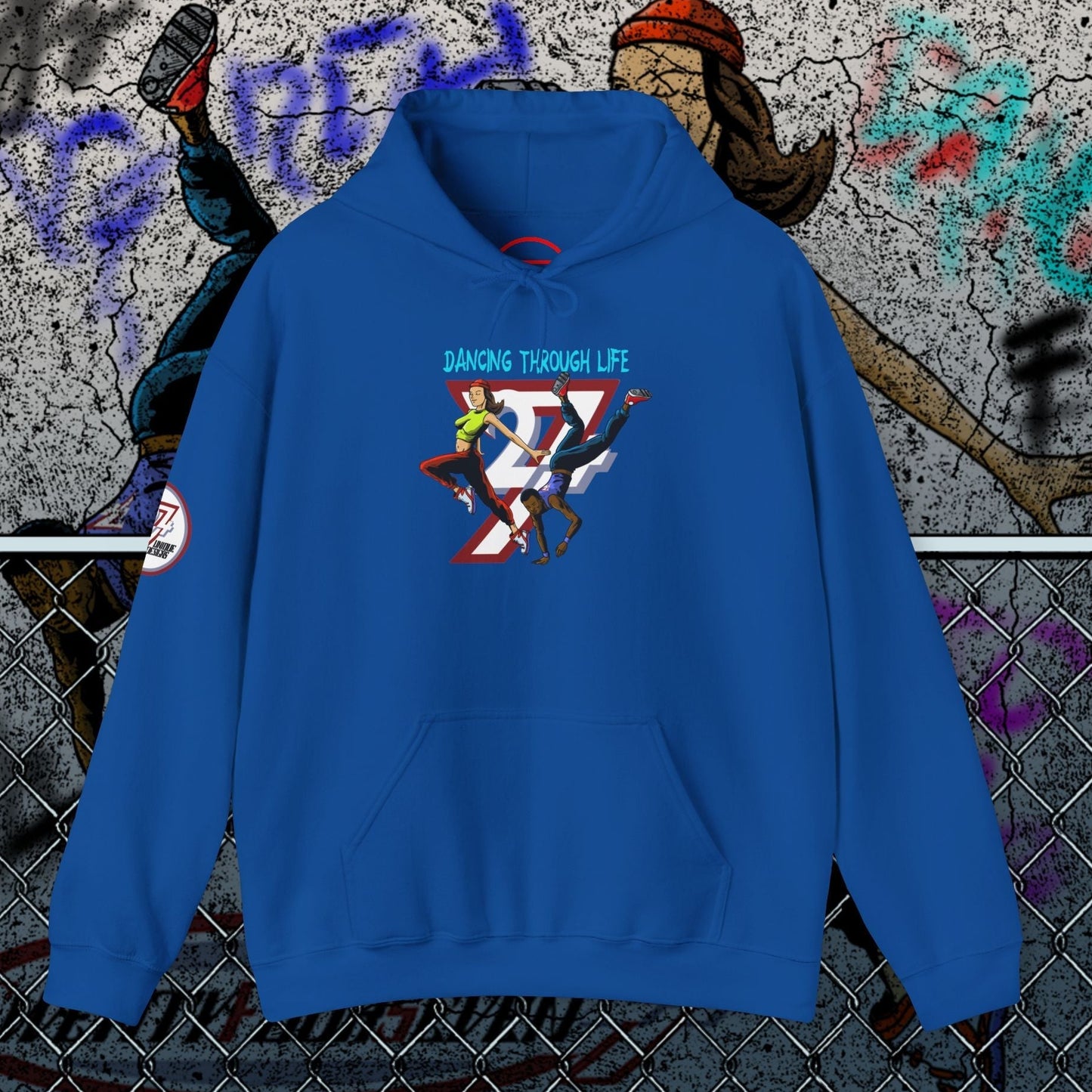 Royal blue streetwear hoodie with urban dance graphic and kangaroo pocket for urban dancers and TikTok fans