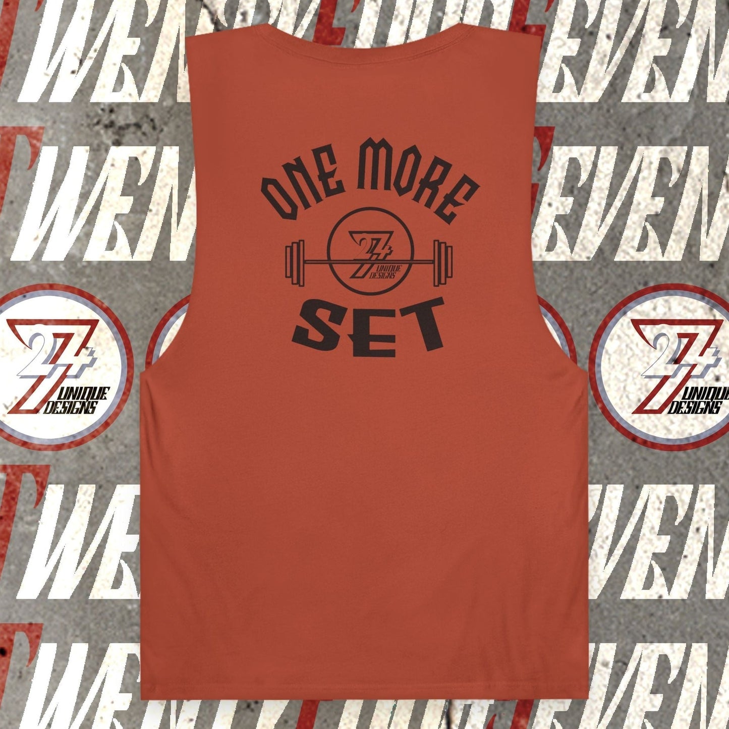 Rust-colored workout top with "One More Set" motivational print on the back, sleeveless gym tank with raw edges and ribbed collar designed for fitness training