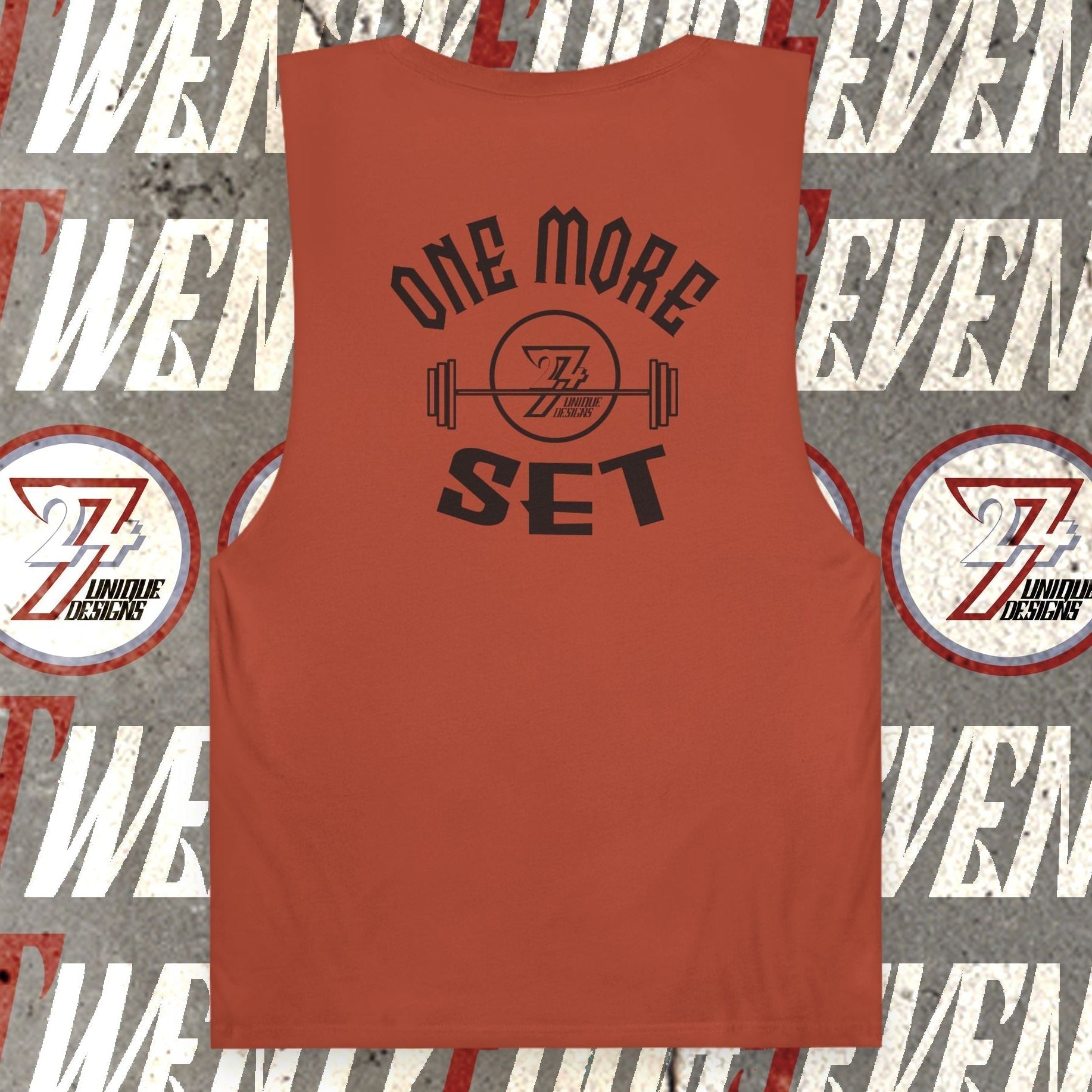 Rust-colored workout top with "One More Set" motivational print on the back, sleeveless gym tank with raw edges and ribbed collar designed for fitness training