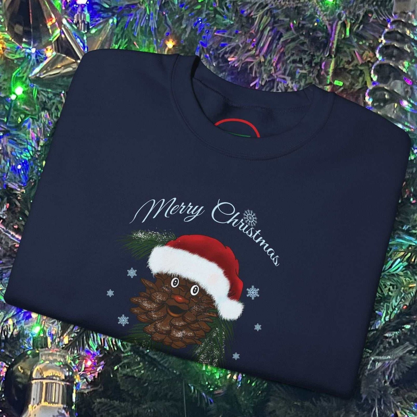 Santa Pinecone Christmas Sweatshirt with hand-drawn pinecone wearing Santa hat and Merry Christmas text on navy crewneck.