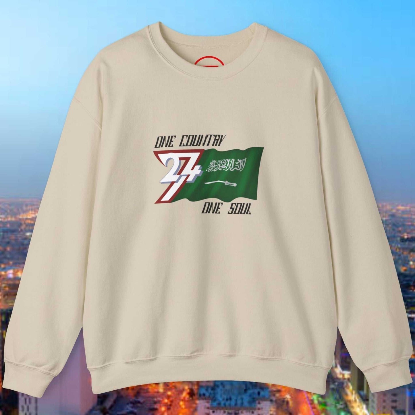 Saudi Arabia Flag Crewneck Sweatshirt with vibrant hand-drawn design and patriotic graphics on a classic cream pullover
