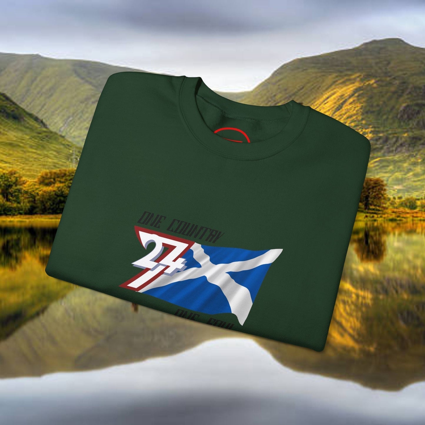 Scotland Saltire Crewneck Sweatshirt with hand-drawn St. Andrew’s Cross design on dark green fabric
