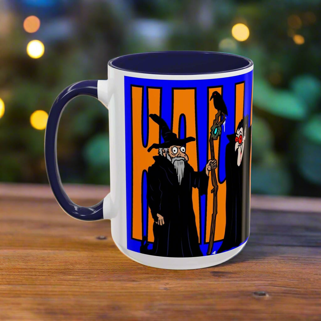 Spooky Halloween coffee mug with vibrant design, available in 11oz and 15oz sizes.