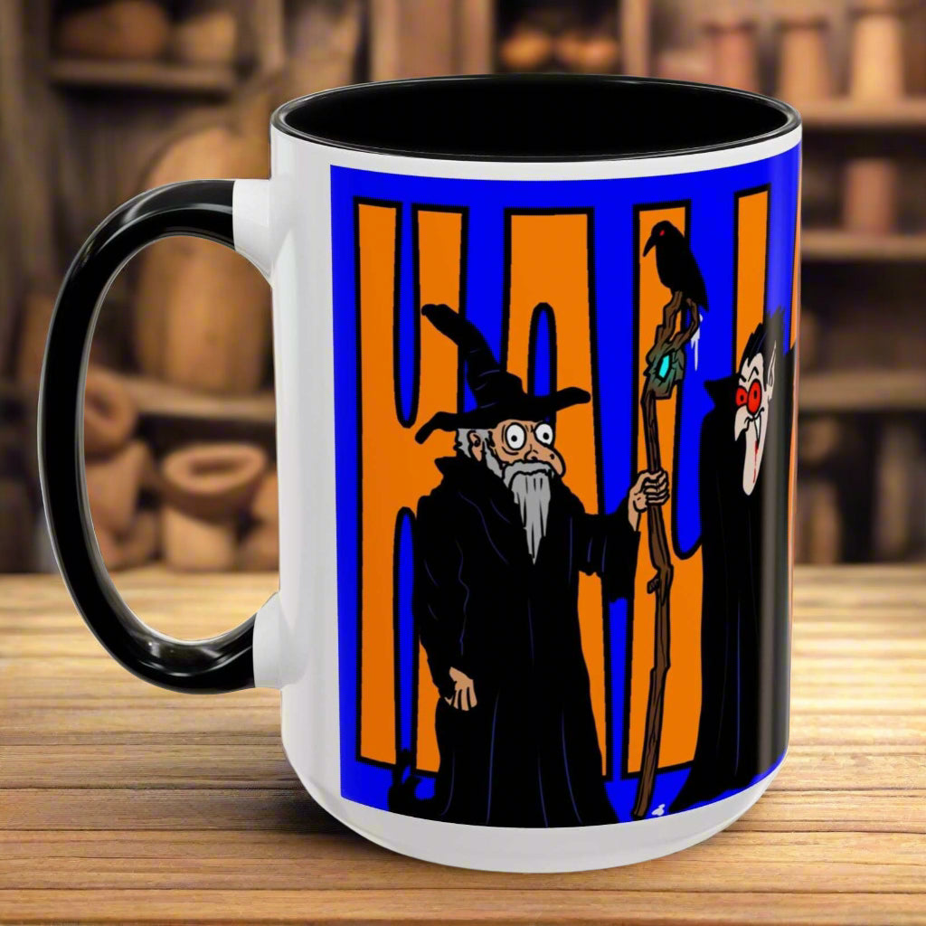 Spooky Halloween coffee mug with vibrant design, available in 11oz and 15oz sizes, perfect for Halloween enthusiasts.