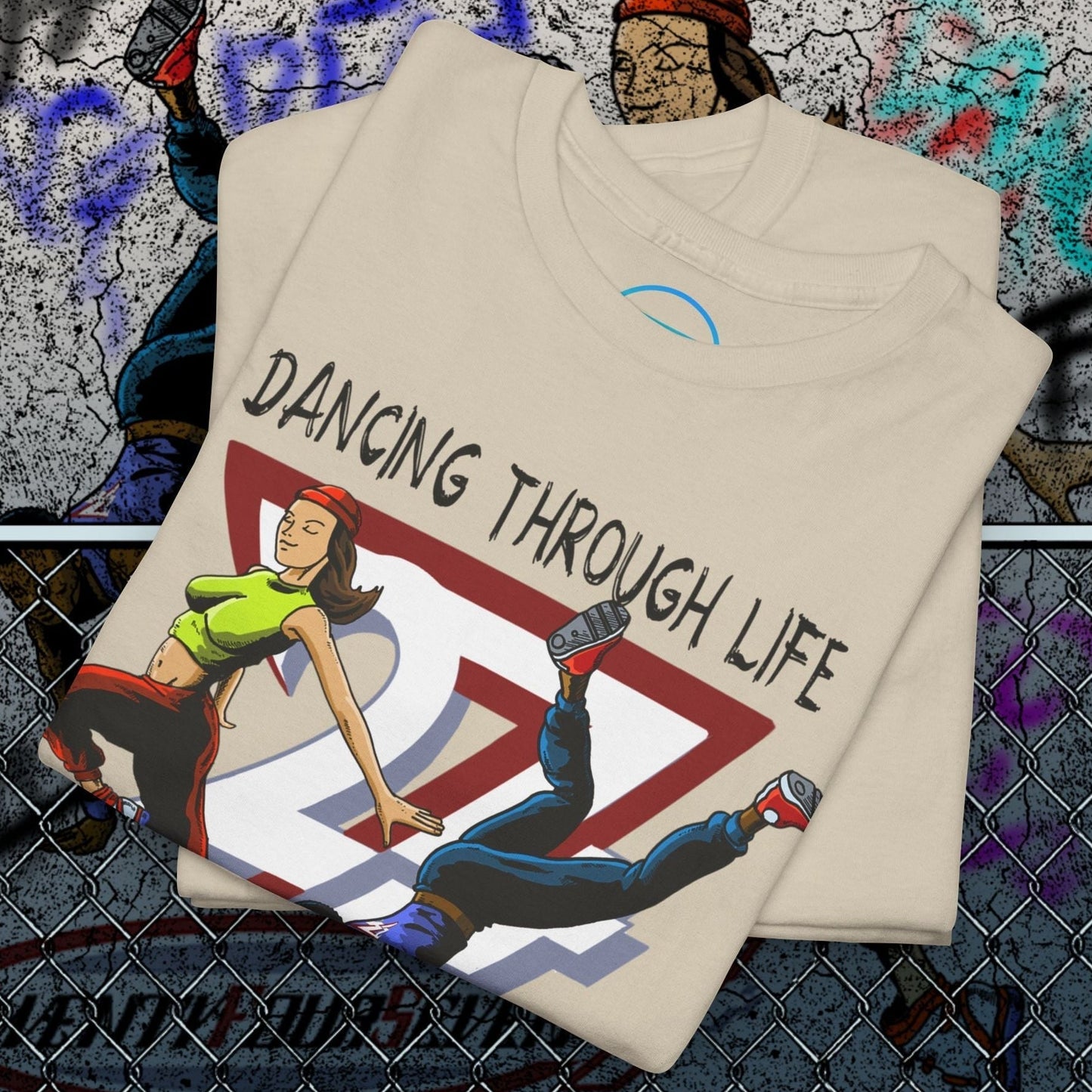 Street Dance Comic Art T-Shirt featuring vibrant urban hip-hop illustration with dancers and "Dancing Through Life" text