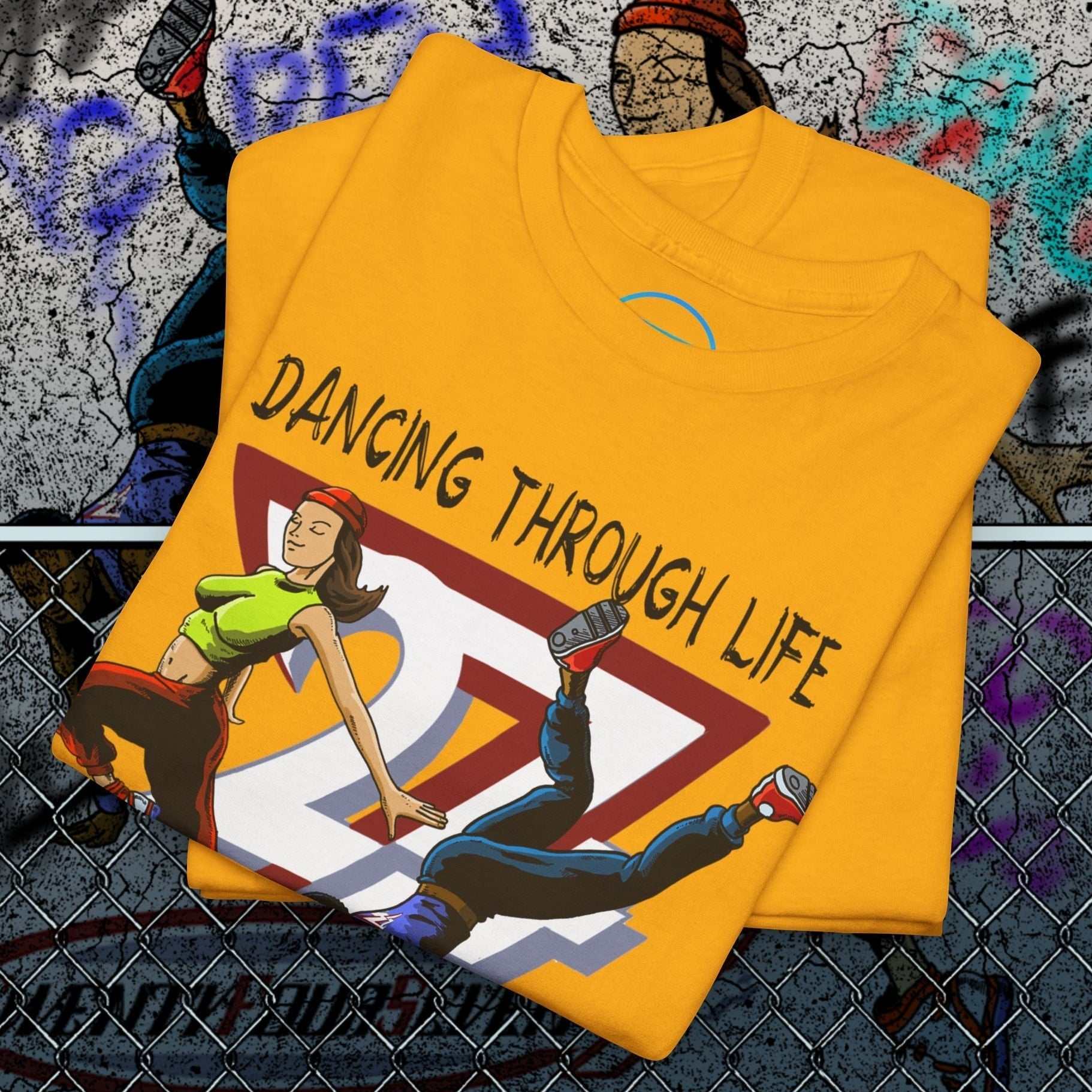 Street Dance Comic Art T-Shirt in yellow with vibrant urban hip-hop graphic and dancing characters design