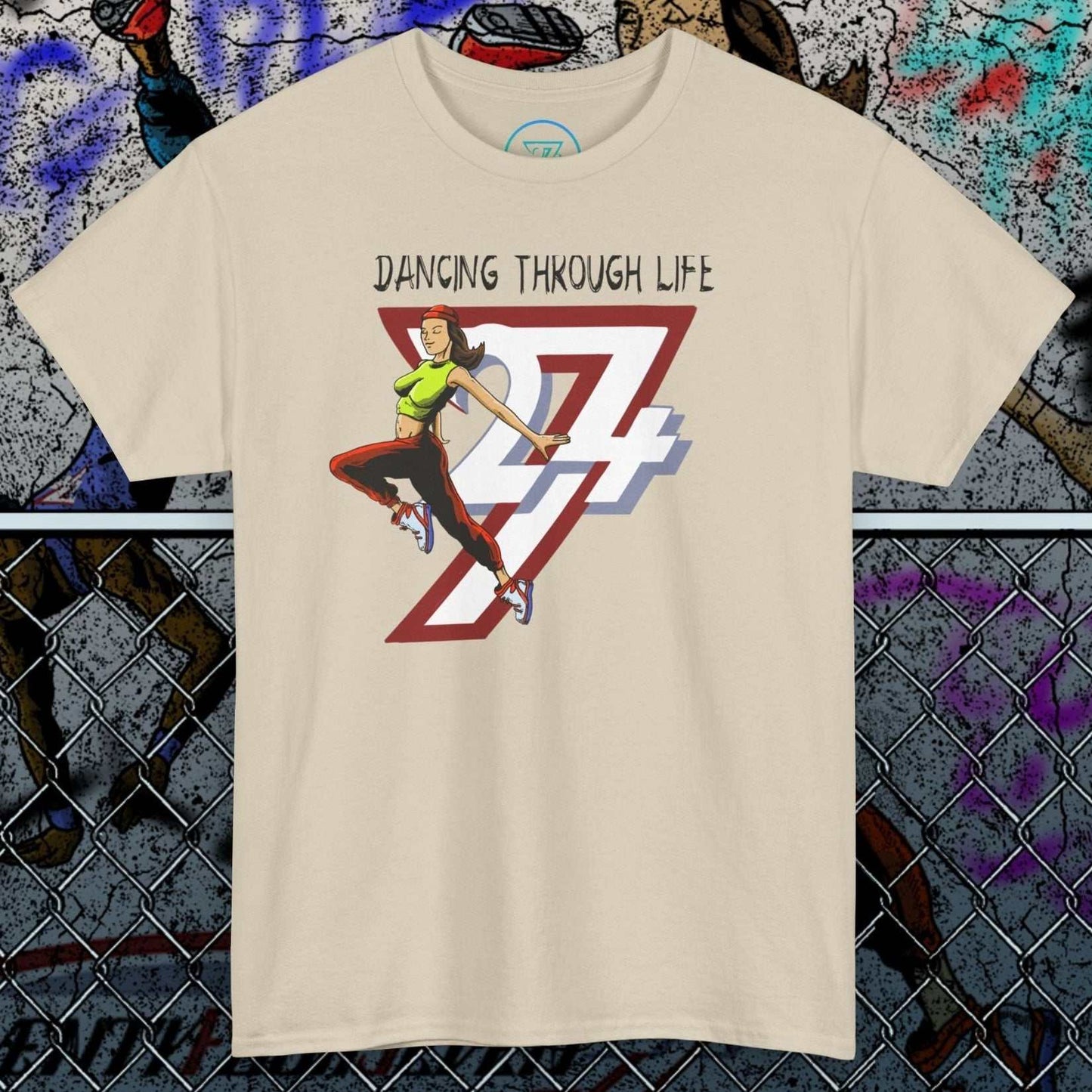 Street Dance Graphic Tee with hand-drawn urban dancer and bold city-style illustration on beige fabric