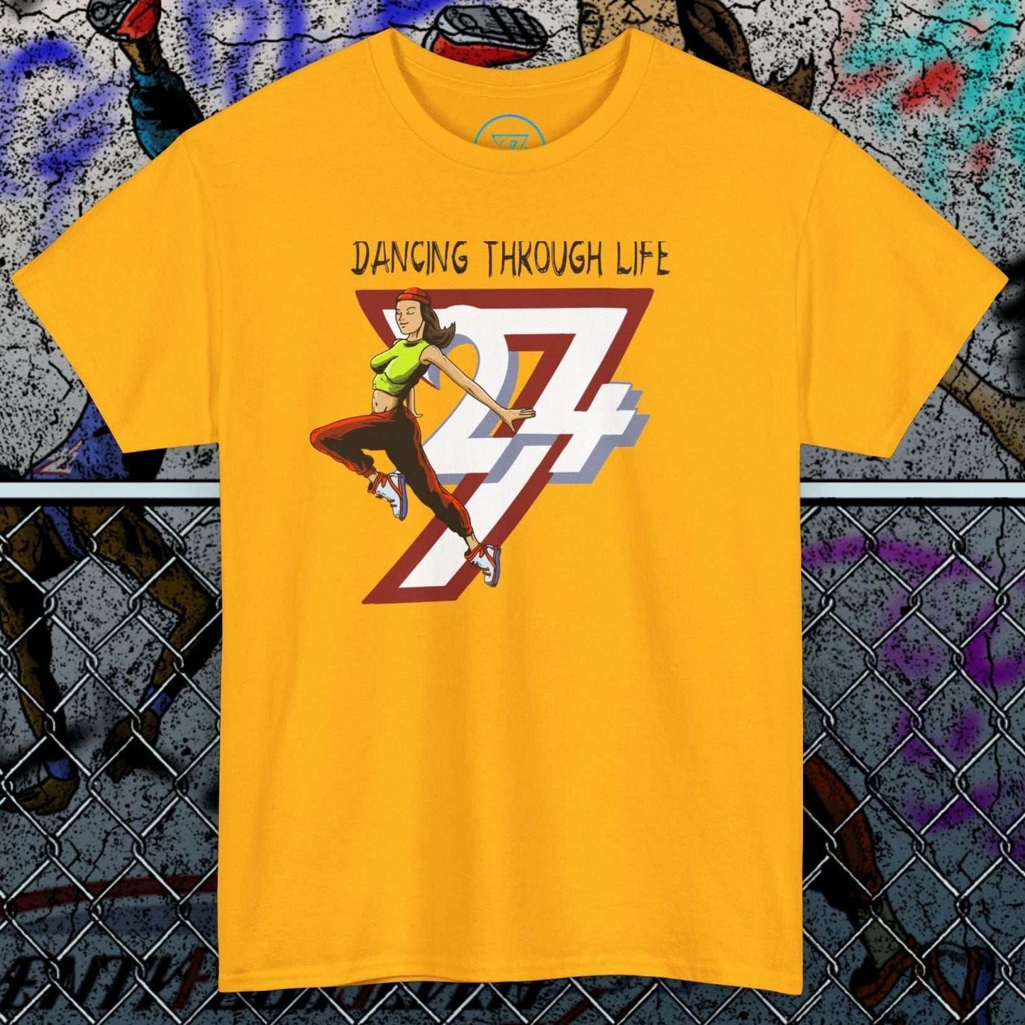 Street Dance Graphic Tee yellow shirt with vibrant hand-drawn urban dance illustration and "Dancing Through Life" text