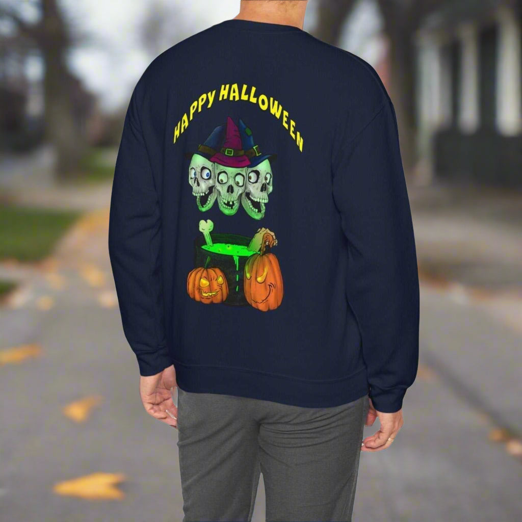 Halloween sweatshirt with skulls, witches hat, green bubbling cauldron, and pumpkins, featuring "Happy Halloween" text on black fabric.