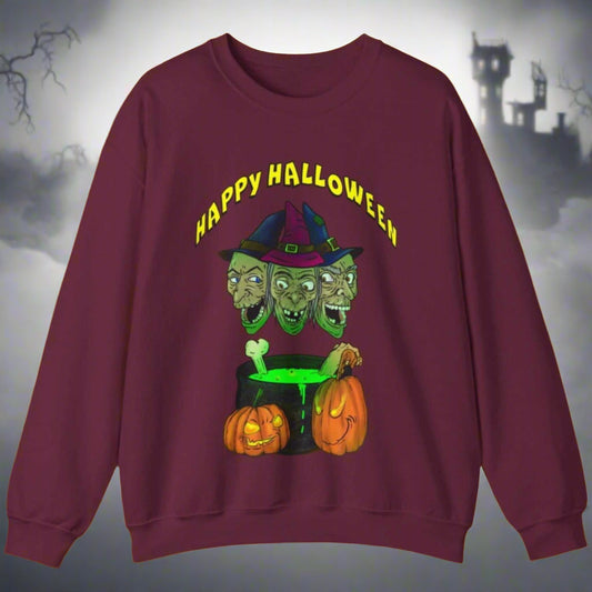 Sweatshirt for Halloween with skulls and witches design, featuring "Happy Halloween" text front