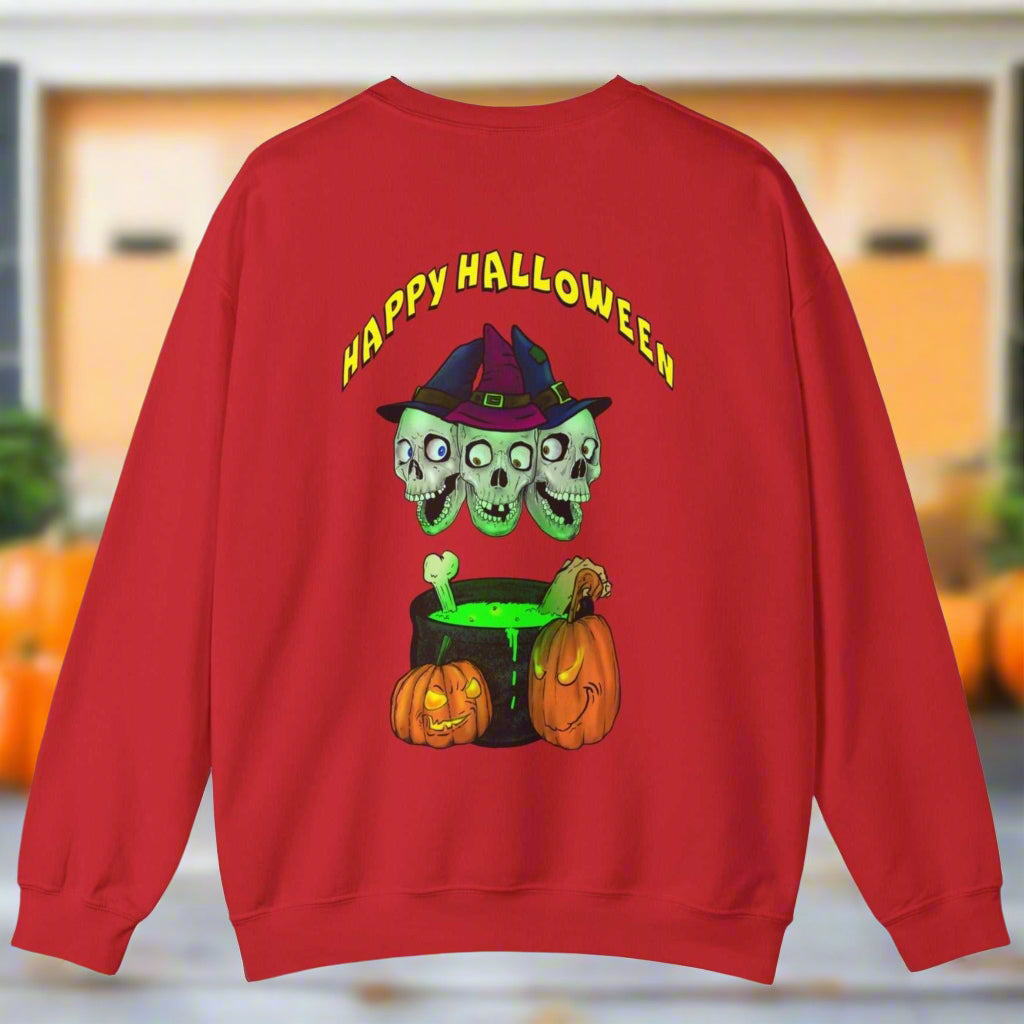 Red Halloween sweatshirt with three skulls wearing witch hats, green potion cauldron, pumpkins, and "Happy Halloween" text on back
