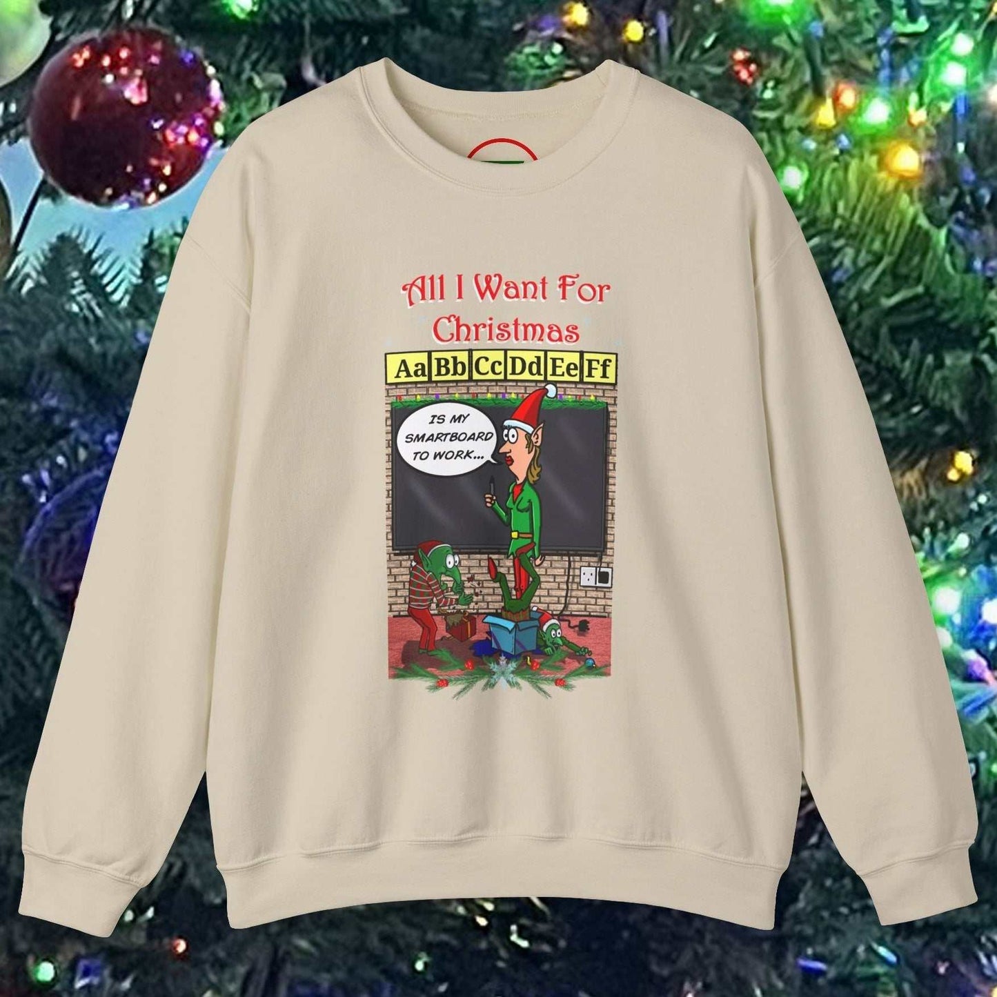 Teacher Christmas sweatshirt with funny cartoon comics design showing a teacher elf in a classroom setting against a festive Christmas background