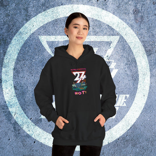 Teen wearing black funny custom hoodie with colorful lazy cartoon design and kangaroo pocket standing against textured blue background